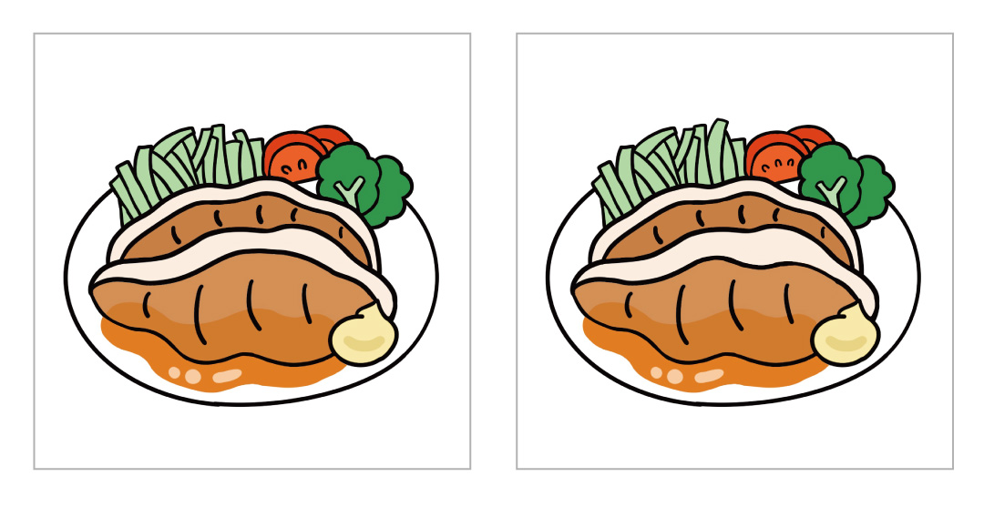 まちがい探し　生姜焼きのイラストの中に３つの間違いがあるよ